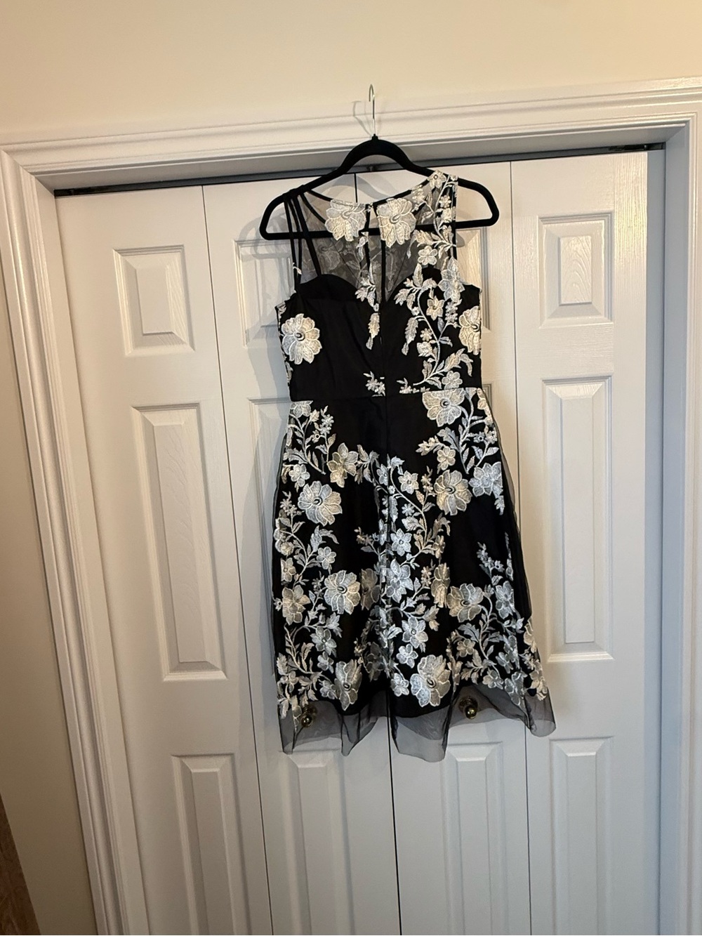 Black Floral-Embroidered Mini Dress with Strappy Neckline